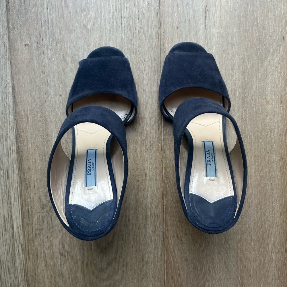 Prada Oltremare Dark Blue Suede Strap Wedge Sandal
